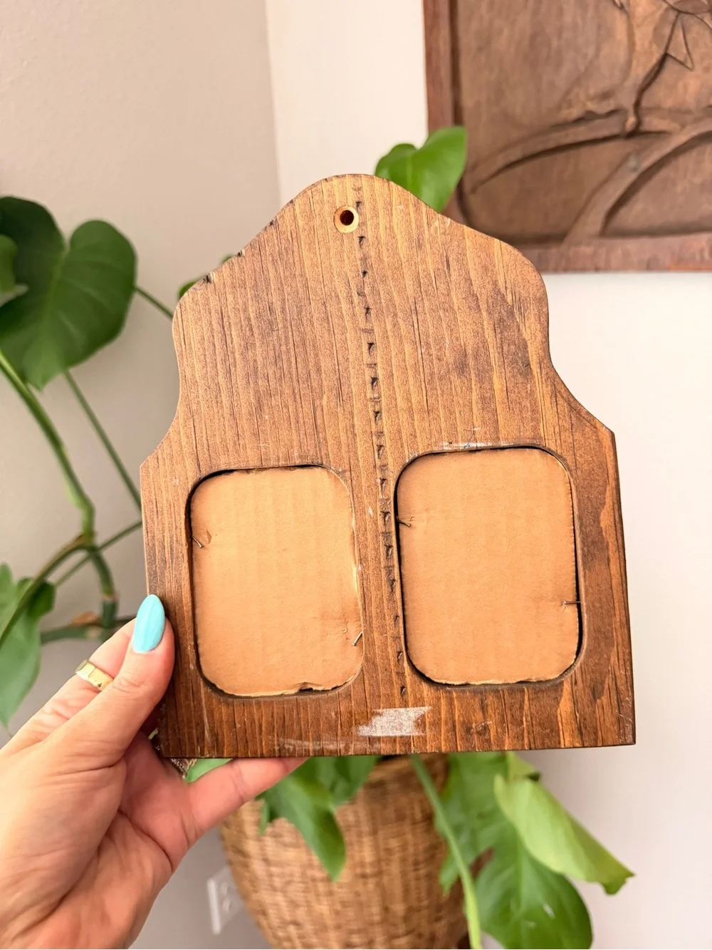 Vintage Wooden Double Picture Frame Floral Carved Wall Hanging Rustic Decor